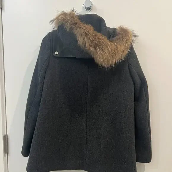 Sandro Paris Gray Wool Fur-Trimmed Hooded Winter Coat — French Luxury - Picture 5 of 10
